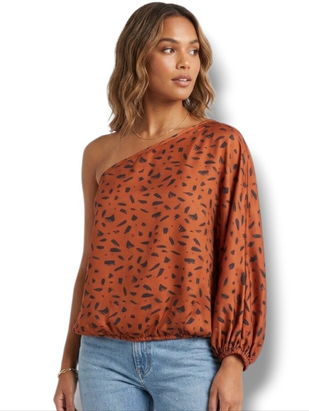 Tyche Women’s Asymmetrical Blouse – One-Sleeve Bubble Hem Abstract Print Top
